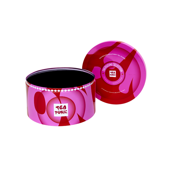 Energising Selection Round Tin - 40 Energising Gourmet Tea + Mini Tin of Red Sugar Hearts