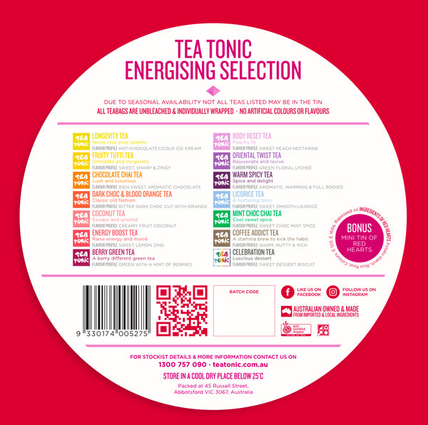 Energising Selection Round Tin - 40 Energising Gourmet Teas + Mini Tin of Red Sugar Hearts