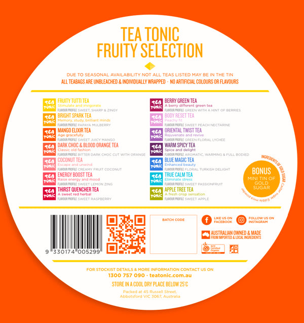 Fruity Selection Round Tin - 40 Fruity Gourmet Teas + Mini Tin of Gold Sugar