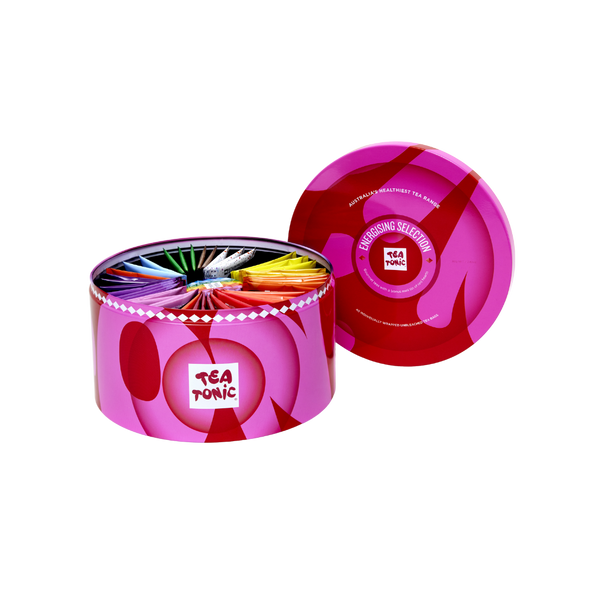 Energising Selection Round Tin - 40 Energising Gourmet Tea + Mini Tin of Red Sugar Hearts