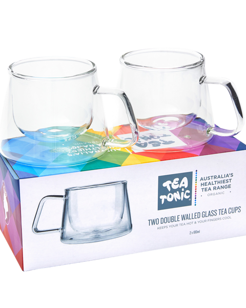 Two Double Walled Glass Tea Cups - Square Handle