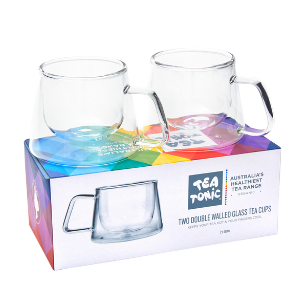 Two Double Walled Glass Tea Cups Square Handle Tea Tonic